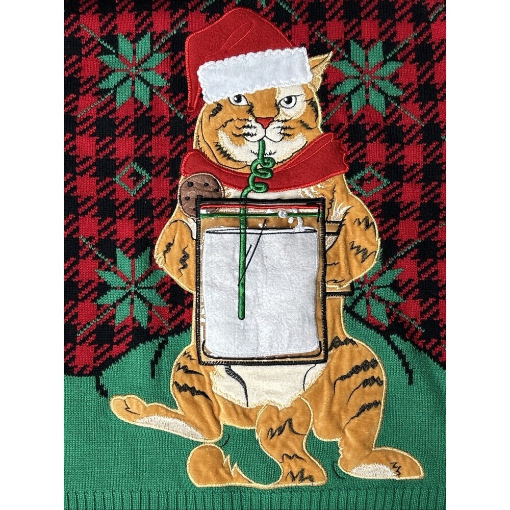 Celebrate Together Cat Ugly Christmas Sweater Sz Medium Drink Pocket Kitty Straw - Picture 2 of 9